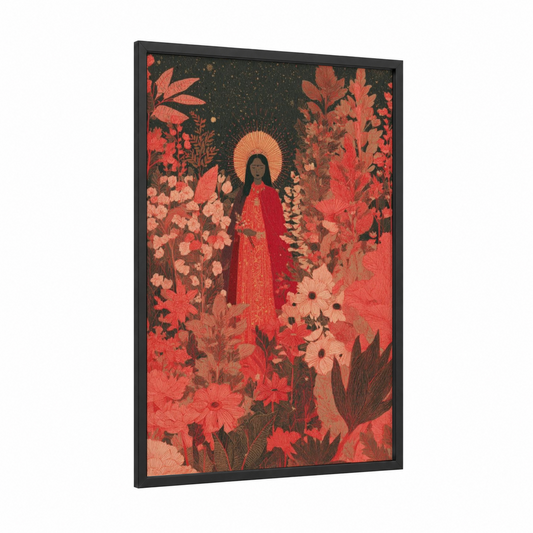 Crimson Saint framed dia de los muertos print — black wood frame — red and black and gold palette