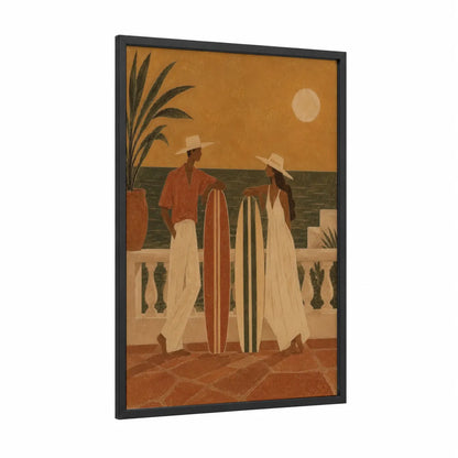 Coastal Sunset Surfers Wall Art framed couple print — black wood frame — orange and beige palette