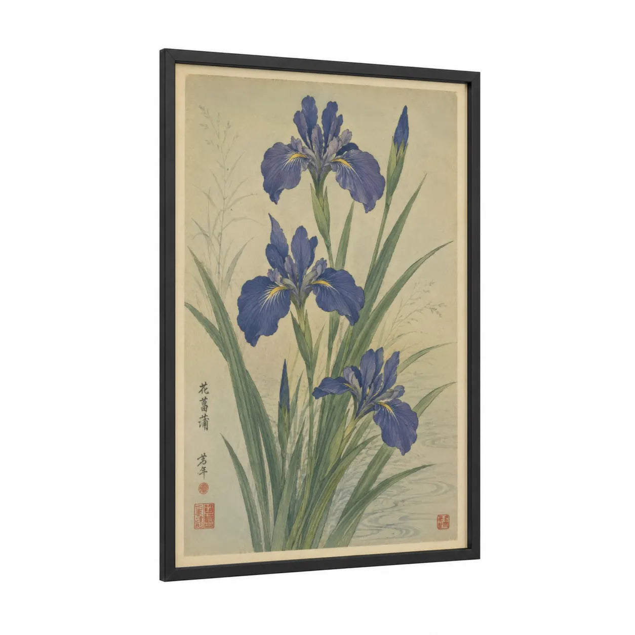 Japanese Iris Botanical Wall Art framed art print — black wood frame — blue and cream palette