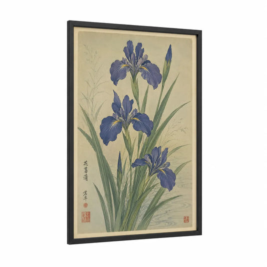 Japanese Iris Botanical Wall Art framed art print — black wood frame — blue and cream palette