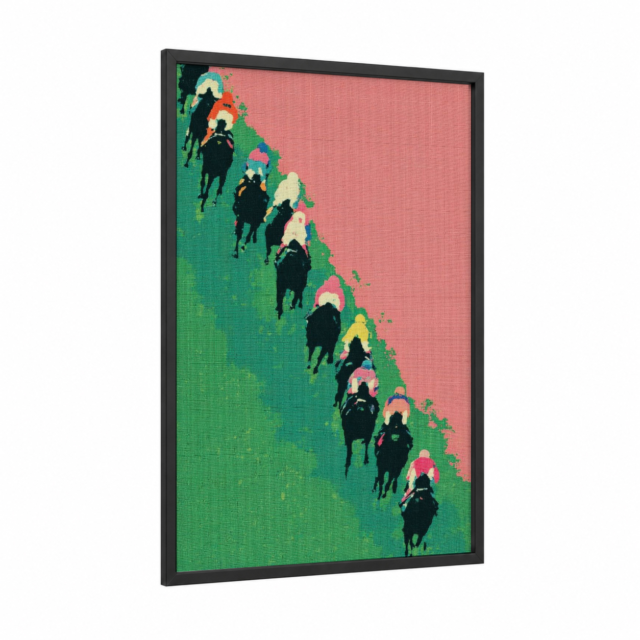 Racing Procession framed horse racing print — black wood frame — green and pink palette
