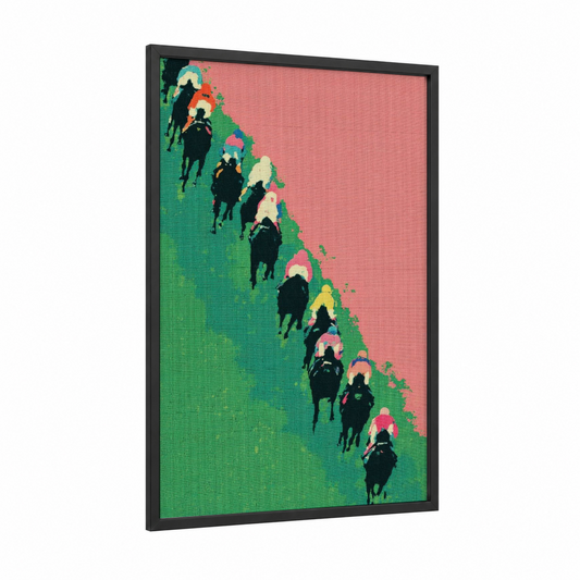 Racing Procession framed horse racing print — black wood frame — green and pink palette