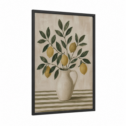 Lemon Branch in Vase Wall Art framed fruit trees print — black wood frame — beige and olive palette