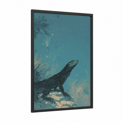 Celestial Basilisk framed art print — black wood frame — teal and gold palette
