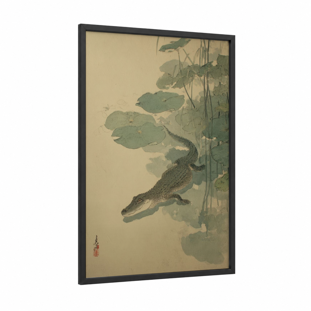 Lotus Alligator framed art print — black wood frame — sage green and cream palette