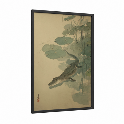 Lotus Alligator framed art print — black wood frame — sage green and cream palette
