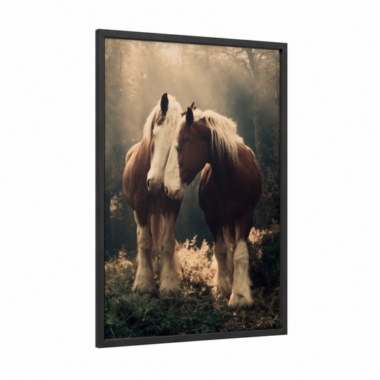 Misty Forest Clydesdales framed clydesdale horse print — black wood frame — gold and brown palette