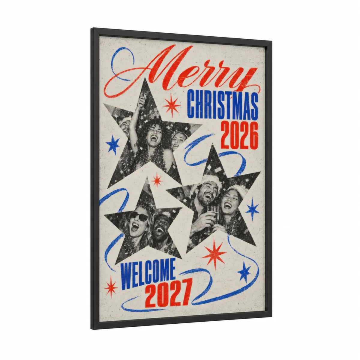 Vintage Christmas Party Celebration Wall Art framed art print — black wood frame — red and blue palette