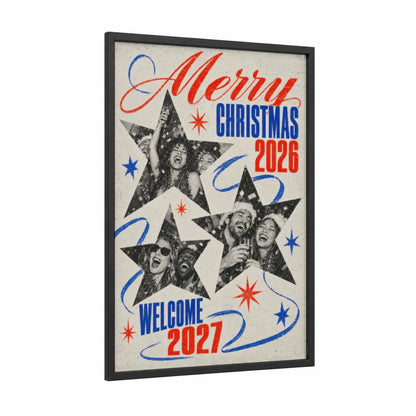 Vintage Christmas Party Celebration Wall Art framed art print — black wood frame — red and blue palette