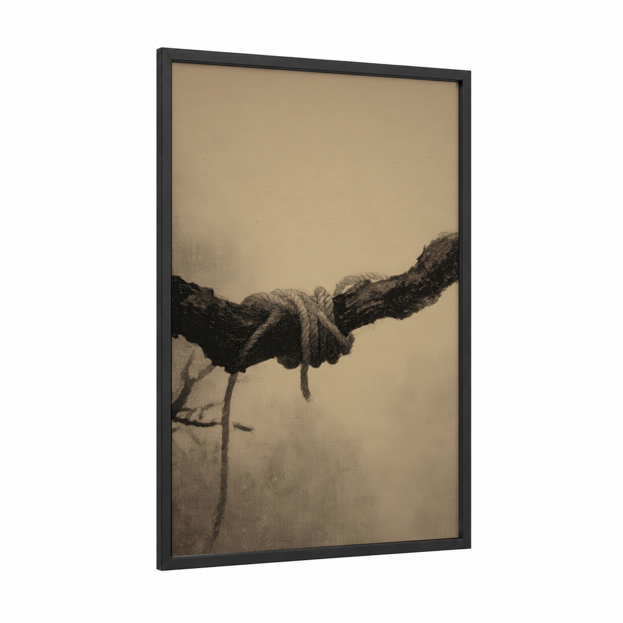 Weathered Knot Study framed rope knots print — black wood frame — beige and gray palette