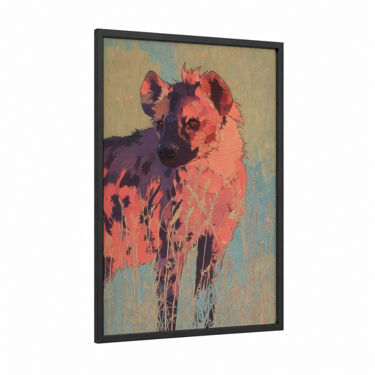 Crimson Hyena framed art print — black wood frame — magenta and teal palette