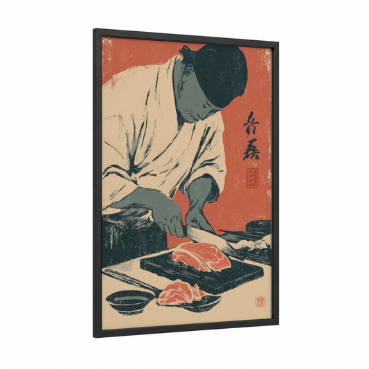 Butcher Preparation framed meat print — black wood frame — cream palette