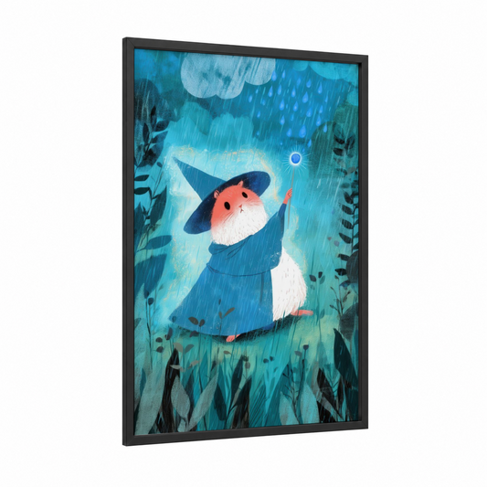 Rainy Day Hamster framed art print — black wood frame — blue and teal palette