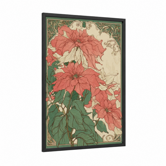 Crimson Poinsettias framed art print — black wood frame — red and true green palette