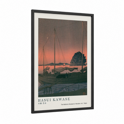 Sunset Harbor Ships framed old ships print — black wood frame — salmon pink and dark green palette