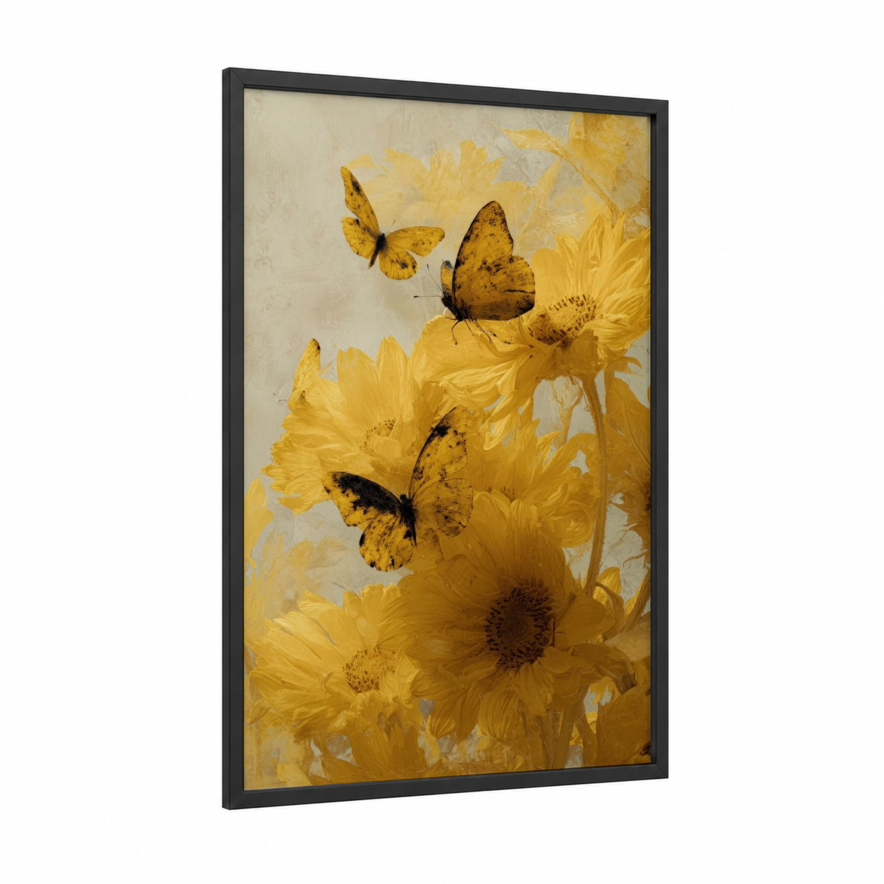 Golden Sunflower Butterflies framed art print — black wood frame — gold and cream palette