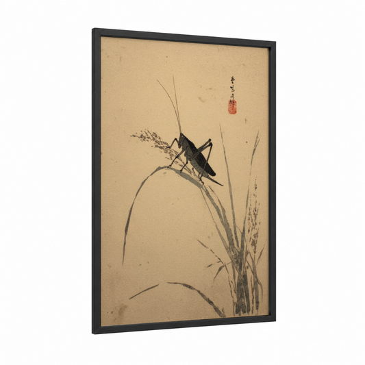 Graceful Grasshopper framed art print — black wood frame — beige and black palette