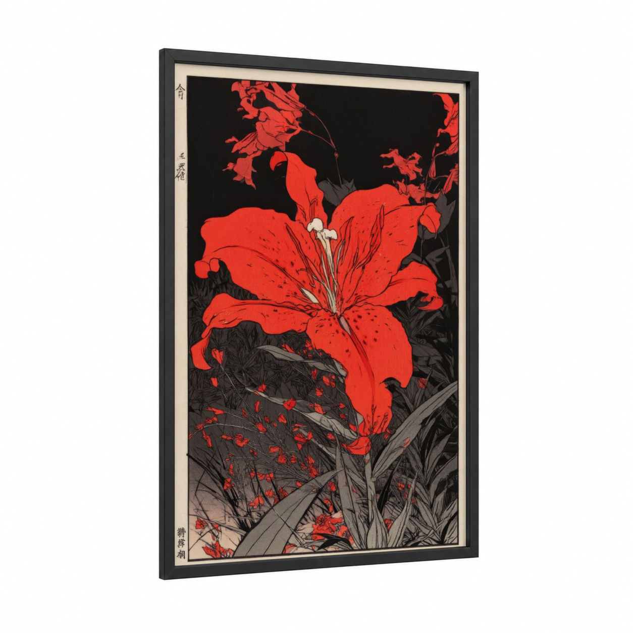 Crimson Amaryllys framed amarillys print — black wood frame — red and black palette