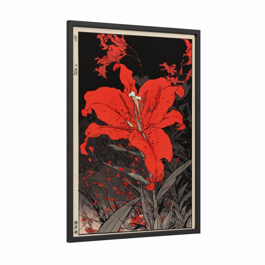 Crimson Amaryllys framed amarillys print — black wood frame — red and black palette