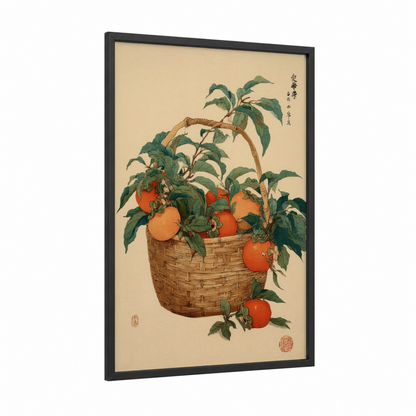 Basket Tomatoes framed fruit trees print — black wood frame — orange and dark green palette