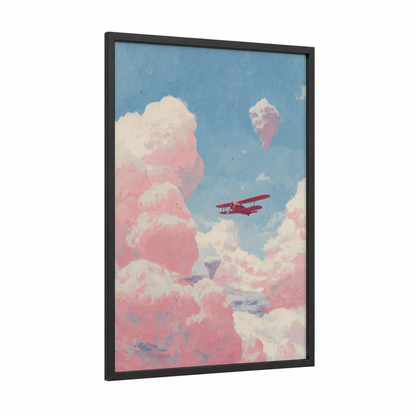 Candy Sky Biplane framed propeller plane print — black wood frame — blue and pink palette