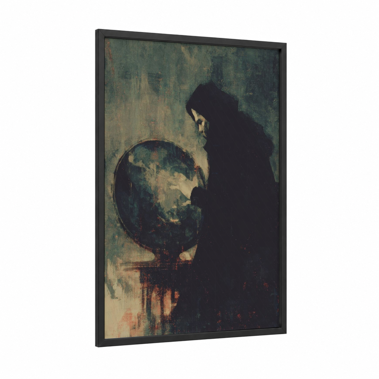 Mystical Orb Gaze framed wiccan print — black wood frame — dark green and dove gray palette