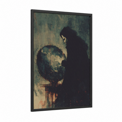 Mystical Orb Gaze framed wiccan print — black wood frame — dark green and dove gray palette