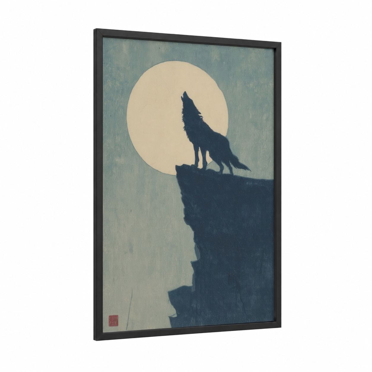 Moonlit Werewolf framed art print — black wood frame — blue and cream palette