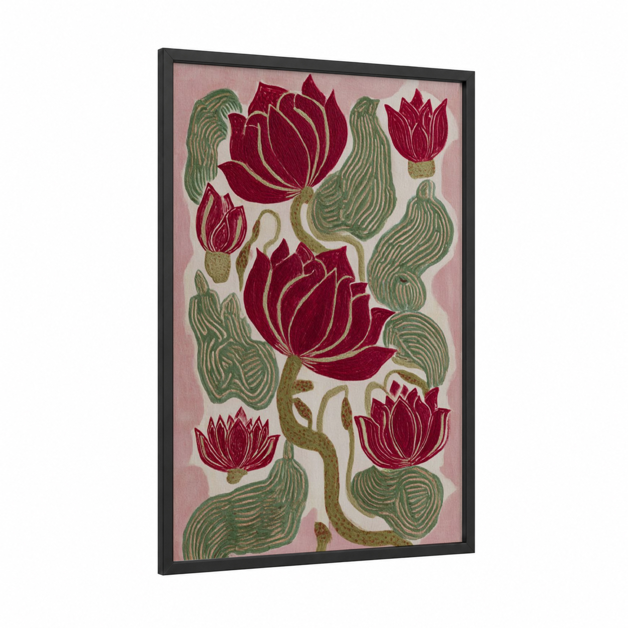 Crimson Lotus Garden framed art print — black wood frame — maroon and sage green palette