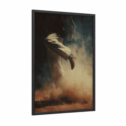 Dusty Capoeira framed art print — black wood frame — brown and black palette