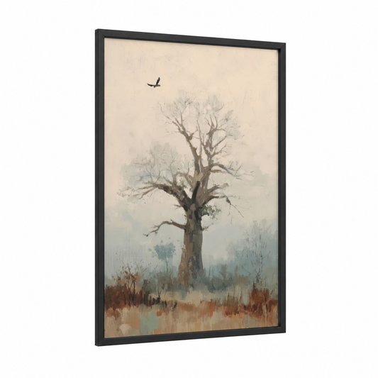 Solitary Baobab framed baobab tree print — black wood frame — beige and gray palette
