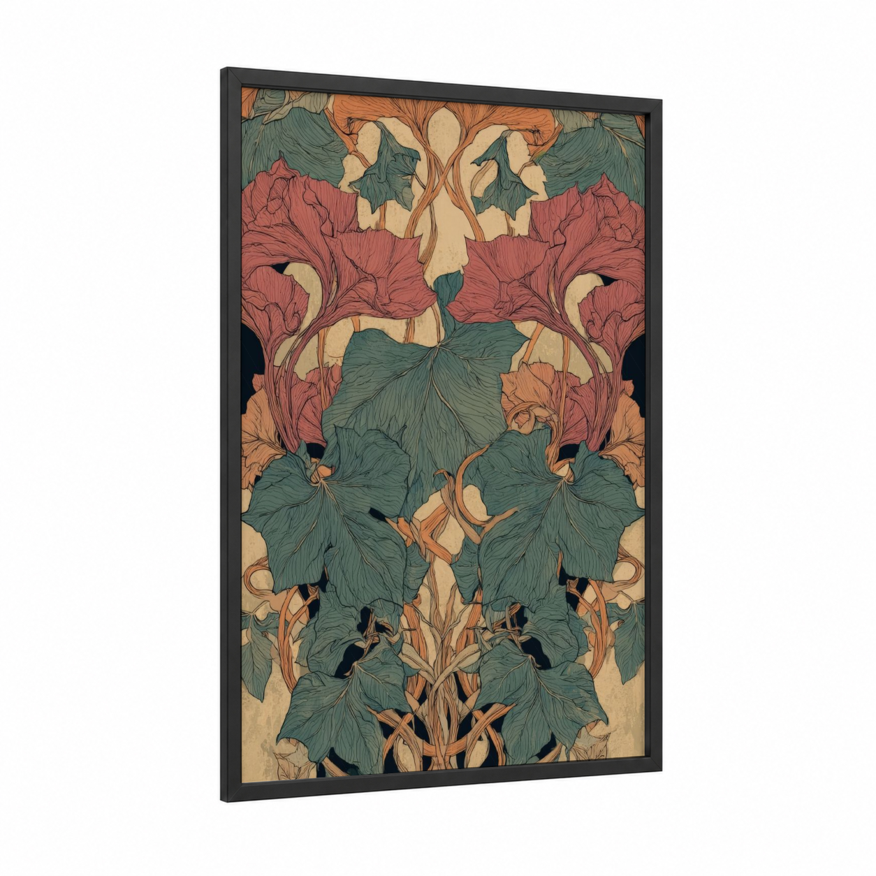 Botanical Symmetry framed leaf print — black wood frame — true green and peach palette