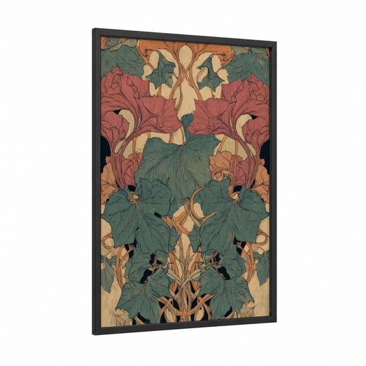 Botanical Symmetry framed leaf print — black wood frame — true green and peach palette