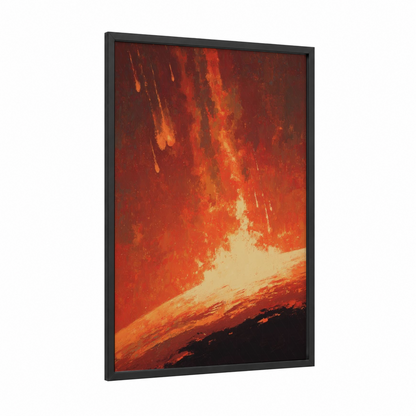 Cosmic Collision framed astroids and comets print — black wood frame — red and gold palette