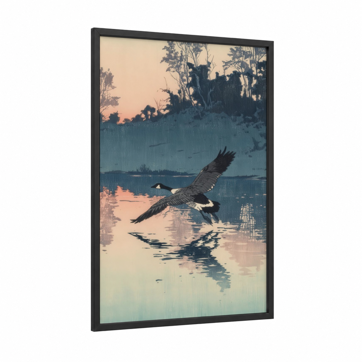 Lakeside Geese Dawn framed art print — black wood frame — blue and peach palette