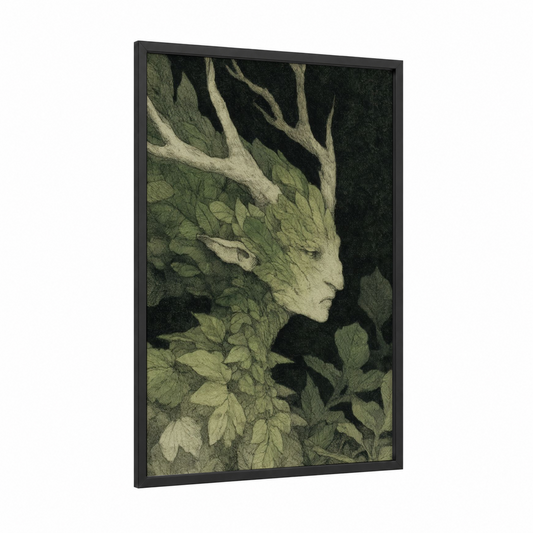 Leafbound Fairy framed art print — black wood frame — sage green and cream palette