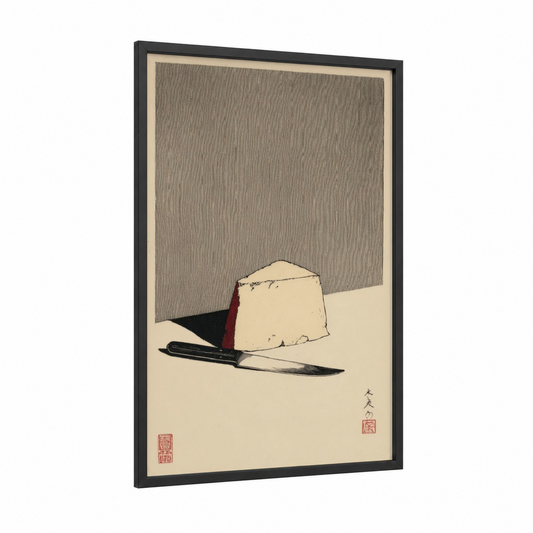Minimalist Cheese framed art print — black wood frame — gray and cream palette