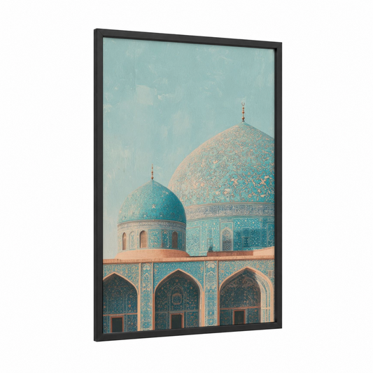 Turquoise Mosque Dome framed art print — black wood frame — teal and beige palette
