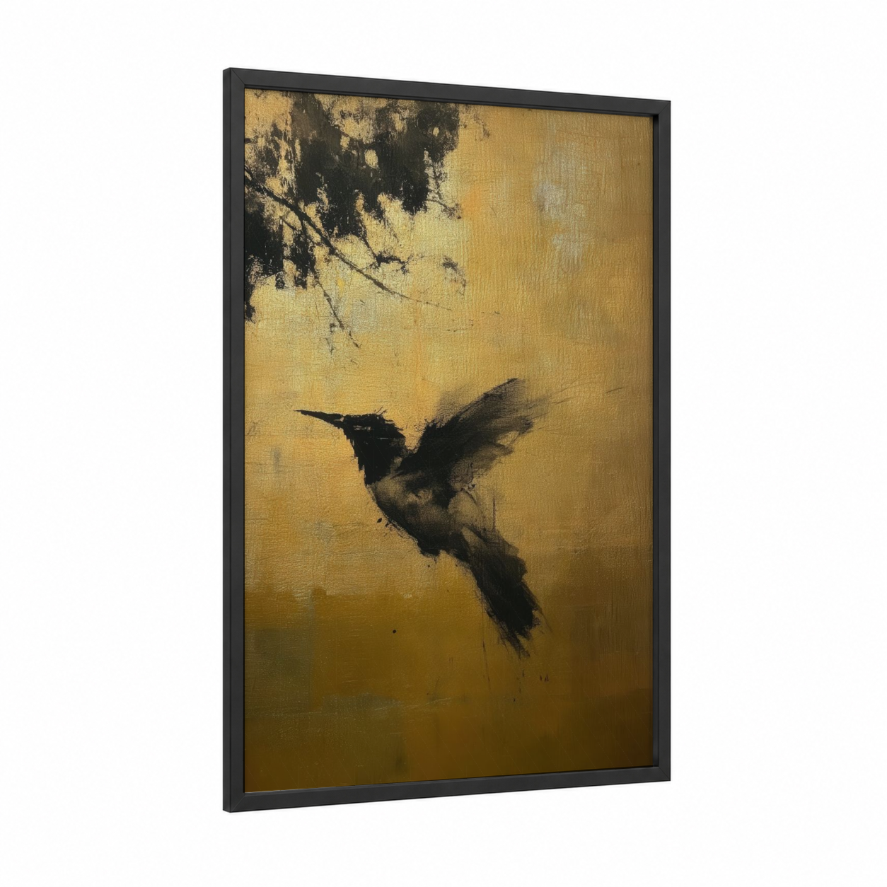 Golden Hummingbird framed art print — black wood frame — gold and black palette