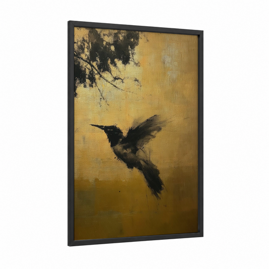 Golden Hummingbird framed art print — black wood frame — gold and black palette