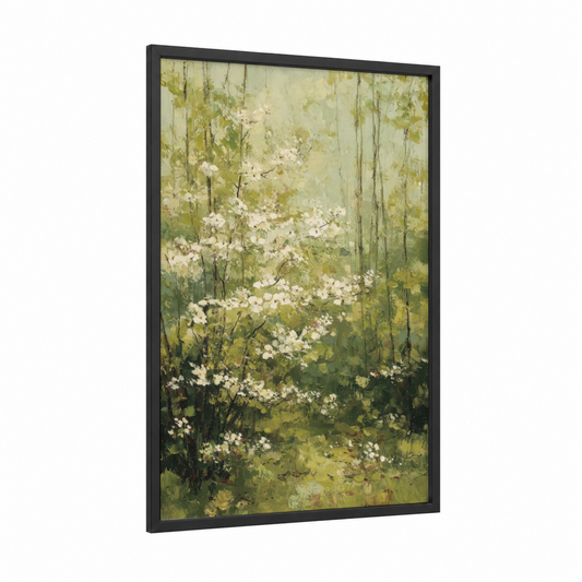 Woodland Dogwood framed art print — black wood frame — white and sage green palette