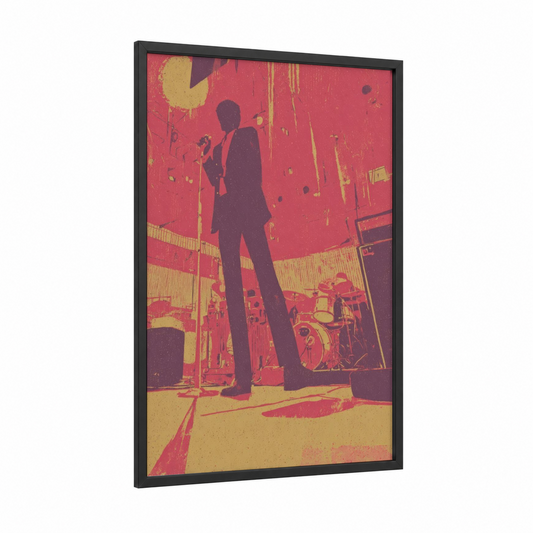 Funk Performer framed art print — black wood frame — red and yellow gold palette