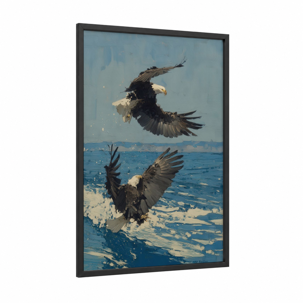 Coastal Eagle Pair framed art print — black wood frame — blue and cream palette