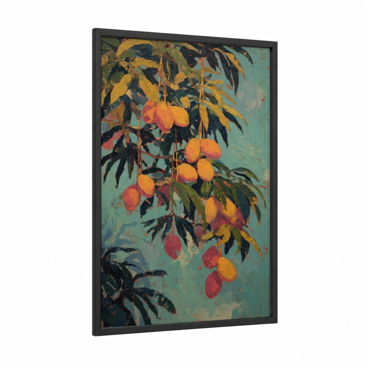 Golden Mango Tree framed fruit trees print — black wood frame — gold and teal palette