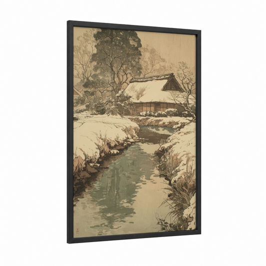 Snowy River Retreat framed rivers print — black wood frame — beige and gray palette