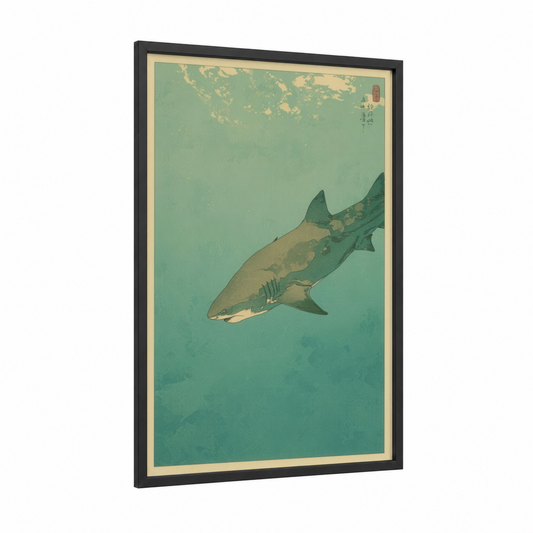 Vintage Lemon Shark framed art print — black wood frame — teal and cream palette