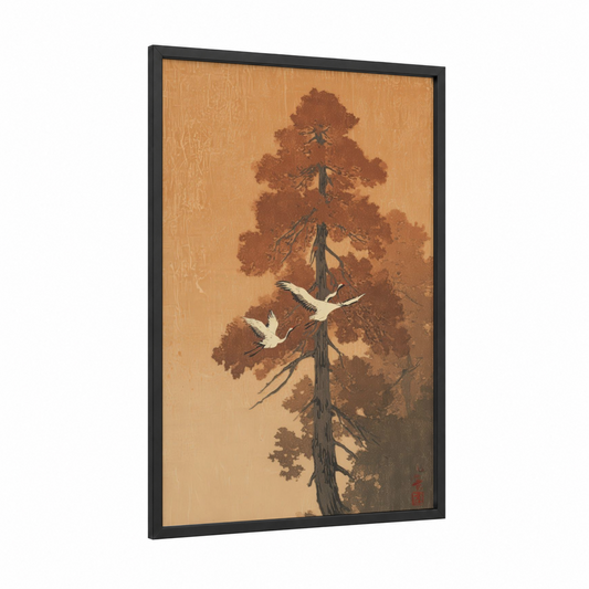 Soaring Cranes Cedar framed cedar tree print — black wood frame — gold and brown palette