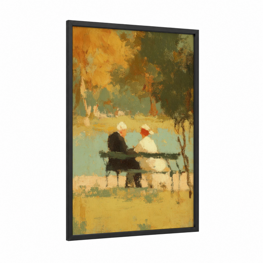 Lakeside Romance framed couple print — black wood frame — gold and olive palette