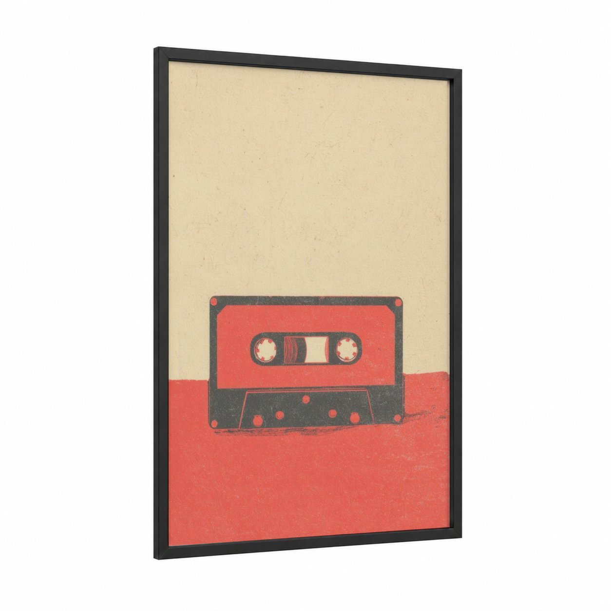 Retro Cassette framed casette print — black wood frame — red and gray palette