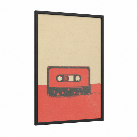 Retro Cassette framed casette print — black wood frame — red and gray palette